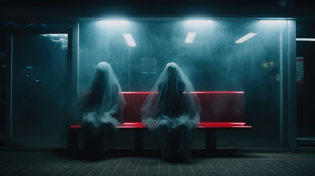 To spøkelser som sitter på rød benk innendørs.